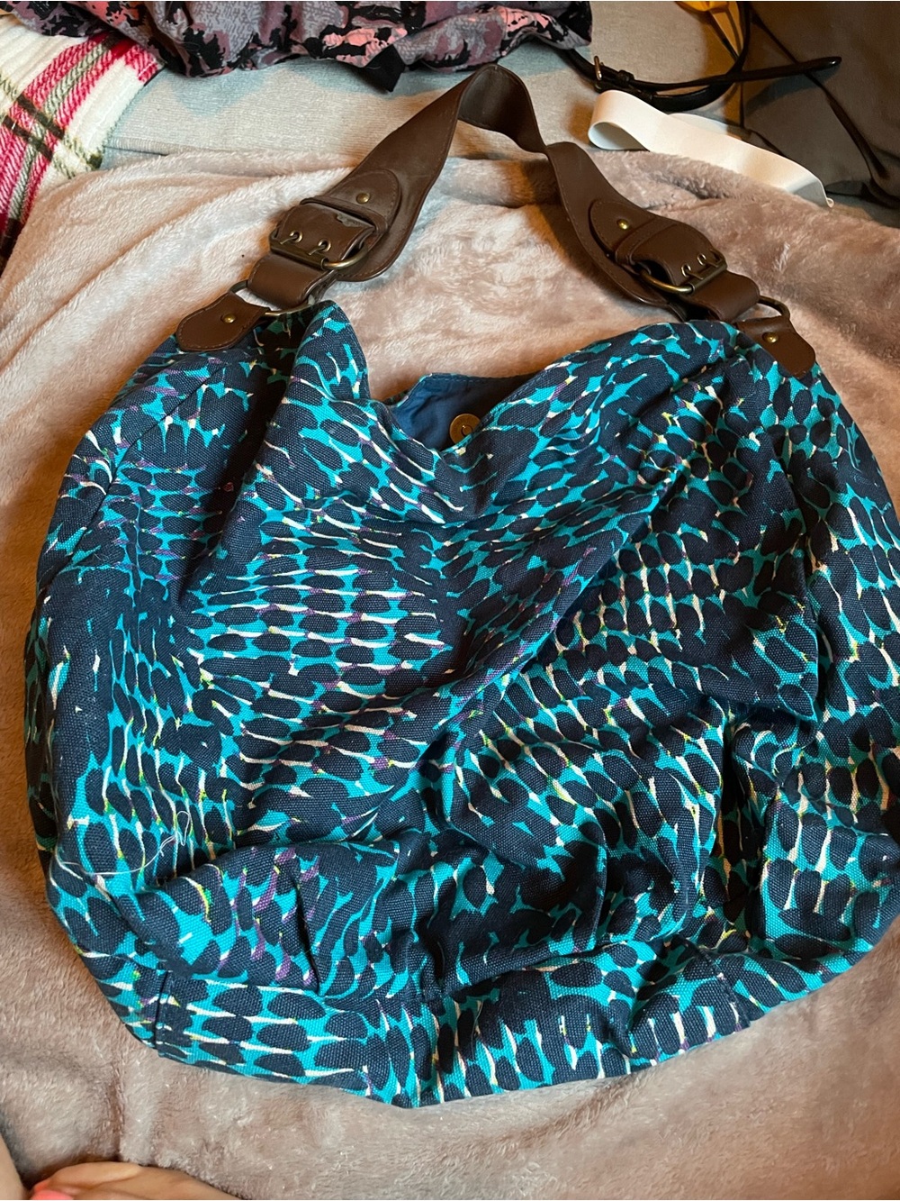 Old Navy Blue Teal Patterned Hobo Bag with Brown Strap